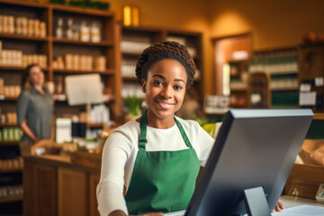 Friendly female african american retail customer service shop employee