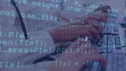 Poster - Animation of computer language over midsection of diverse people typing on keyboard