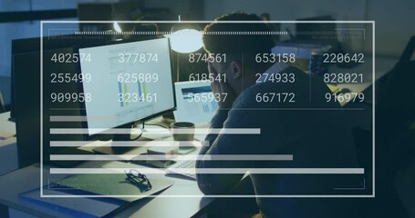 Poster - Animation of changing numbers, graph and loading bar, biracial man analyzing reports on computer