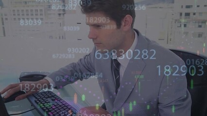 Poster - Animation of graphs and changing numbers over caucasian man working on computer in office