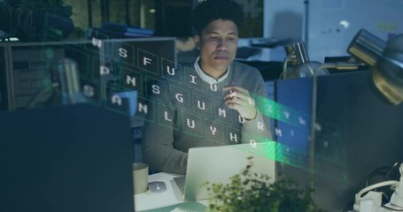 Poster - Animation of illuminating pattern on keyboard, thoughtful biracial man analyzing reports on laptop