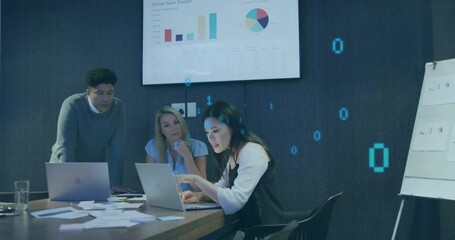 Poster - Animation of binary codes over diverse coworkers discussing reports on laptop in office