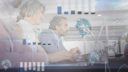 Aufkleber - Animation of graphs, globes, soundwaves over diverse coworkers sharing ideas in office