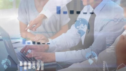 Poster - Animation of graphs, globes and computer language over caucasian coworkers discussing reports