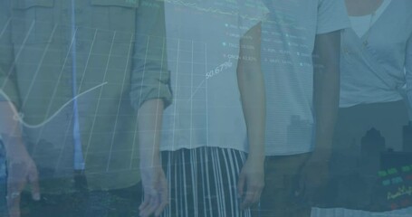 Poster - Animation of graphs, loading circles and trading boards over diverse coworkers standing arms crossed