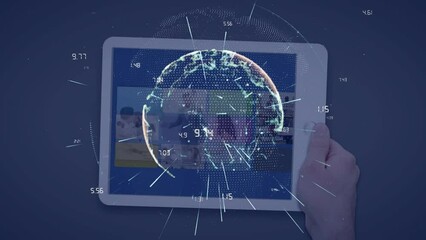 Poster - Animation of numbers around globe, cropped hands of caucasian girl watching video in digital tablet