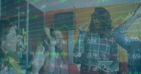 Poster - Animation of trading board over diverse coworkers discussing and putting hands together