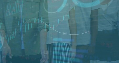 Poster - Animation of graphs, loading circles and trading boards over diverse coworkers standing arms crossed