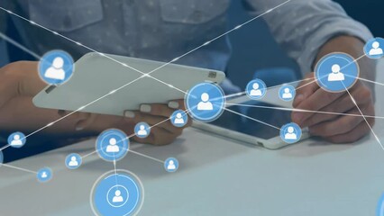 Poster - Animation of network of connections with icons over diverse business people with tablet