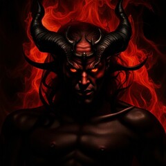 Portrait of a man with devil horns and a demonic expression on his face, AI-generated.