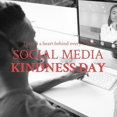 Poster - African american businessman discussing with coworker over video call and social media kindness day