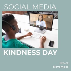 Poster - African american businessman discussing with colleague over video call and social media kindness day