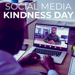 Poster - African american businessman video calling colleague over laptop, social media kindness day text