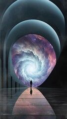 Wall Mural - A silhouetted figure looking out into an animated cosmic background featuring a nebula and swirling stars. 