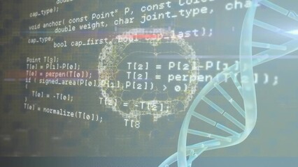 Poster - Animation of spinning dna structure, human brain and data processing against grey background