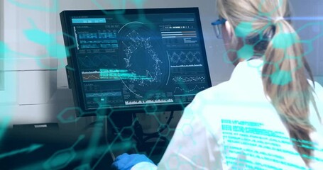 Poster - Animation of scientific data processing over caucasian female scientist using computer