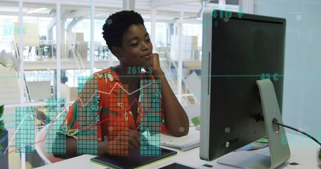 Poster - Animation of statistical data processing over african american woman using graphic tablet at office