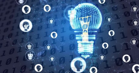Animation of digital icons spinning over electric bulb against binary coding data processing