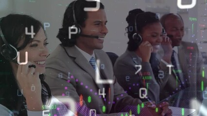 Poster - Animation of financial data processing over diverse colleagues talking on phone headsets at office