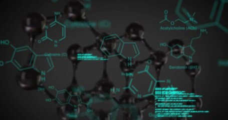 Poster - Animation of chemical structures, data processing over molecular structures model on grey background