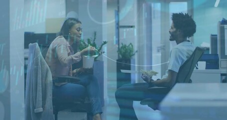 Poster - Animation of data processing against diverse man and woman having snacks discussing at office