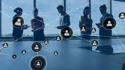 Poster - Animation of network of connections with icons over diverse people in office