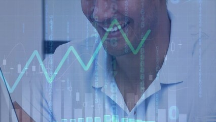 Poster - Animation of statistical data processing against biracial man smiling while using laptop at office