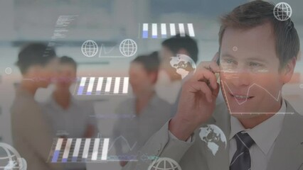 Poster - Animation of statistical data processing over caucasian businessman talking on smartphone at office
