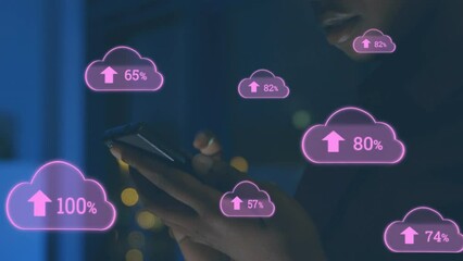 Poster - Animation of cloud upload icons against african american woman using smartphone at office