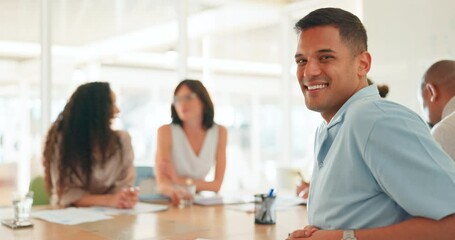 Canvas Print - Business, office and man with smile at meeting or workshop for strategy, planning and performance report. Team leader, collaboration and diversity, happy businessman at table at advertising agency.