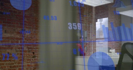 Poster - Animation of statistical data processing against caucasian woman talking on smartphone at office