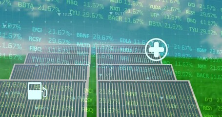 Poster - Animation of stock market data processing and digital icons against solar panels on grassland