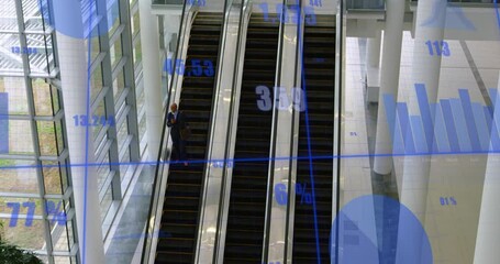 Poster - Animation of statistical data processing over aerial view of businessman on escalator at office