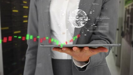 Poster - Animation of spinning globe and data processing over mid section of businessman using a tablet