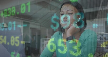 Poster - Animation of stock market data processing over biracial woman having video call on laptop at office