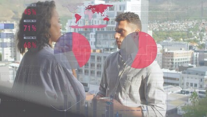 Poster - Animation of statistical data processing over diverse man and woman discussing in balcony at office