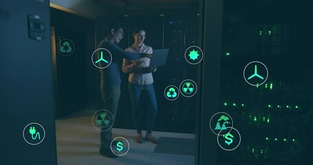 Poster - Animation of multiple digital icons over diverse make and male engineer using laptop at server room