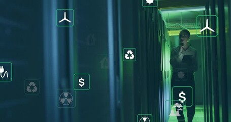 Poster - Animation of multiple digital icons against caucasian female engineer using tablet at server room