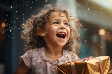 Poster - A child excitedly unwrapping a gift on their birthday, radiating the happiness of receiving a special surprise. Concept of celebrations and gift-giving. Generative Ai.