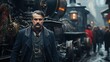 A stern man stands before a steam locomotive, dressed in vintage attire, epitomizing an industrial era ambiance.