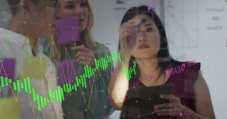 Poster - Animation of data processing against diverse colleagues discussing over memo notes at office
