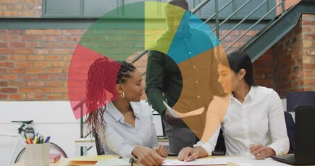Poster - Animation of data processing over diverse man giving a document to two female colleagues at office