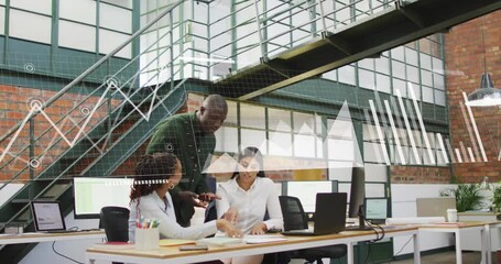 Poster - Animation of statistical data processing against diverse colleagues discussing at office