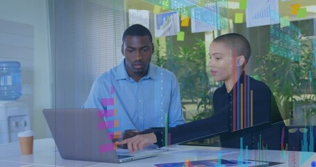 Poster - Animation of statistical data processing over diverse man and woman discussing over laptop at office