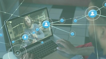 Poster - Animation of network of digital icons against rear view of biracial man having video call on laptop