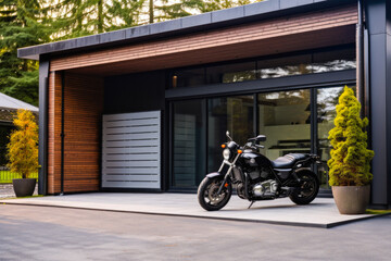 Wall Mural - A view of a modern garage with carport and a motorcycle parked in the driveway, and green surroundings