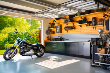 Wall Mural - A view of a modern garage with carport and a motorcycle parked in the driveway, and green surroundings