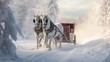 Two white horses pull a red sleigh on a snowy path through a winter wonderland of frosted trees.