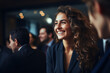 A businesswoman laughs heartily while sharing a light moment with her colleagues during a break at an industry conference. Concept of networking and camaraderie. Generative Ai.