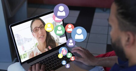 Poster - Animation of profile icons floating against rear view of biracial man having a video call on laptop